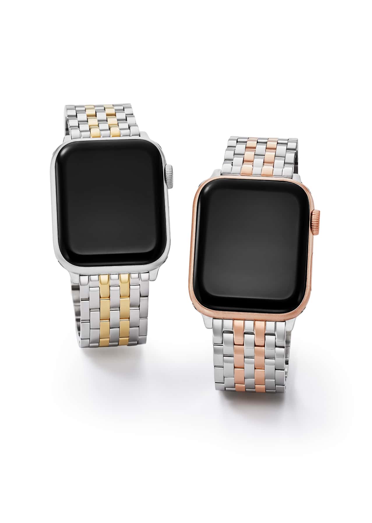 Two seven-link bracelet bands for Apple Watch® in two-tone with gold and two-tone with pink gold.